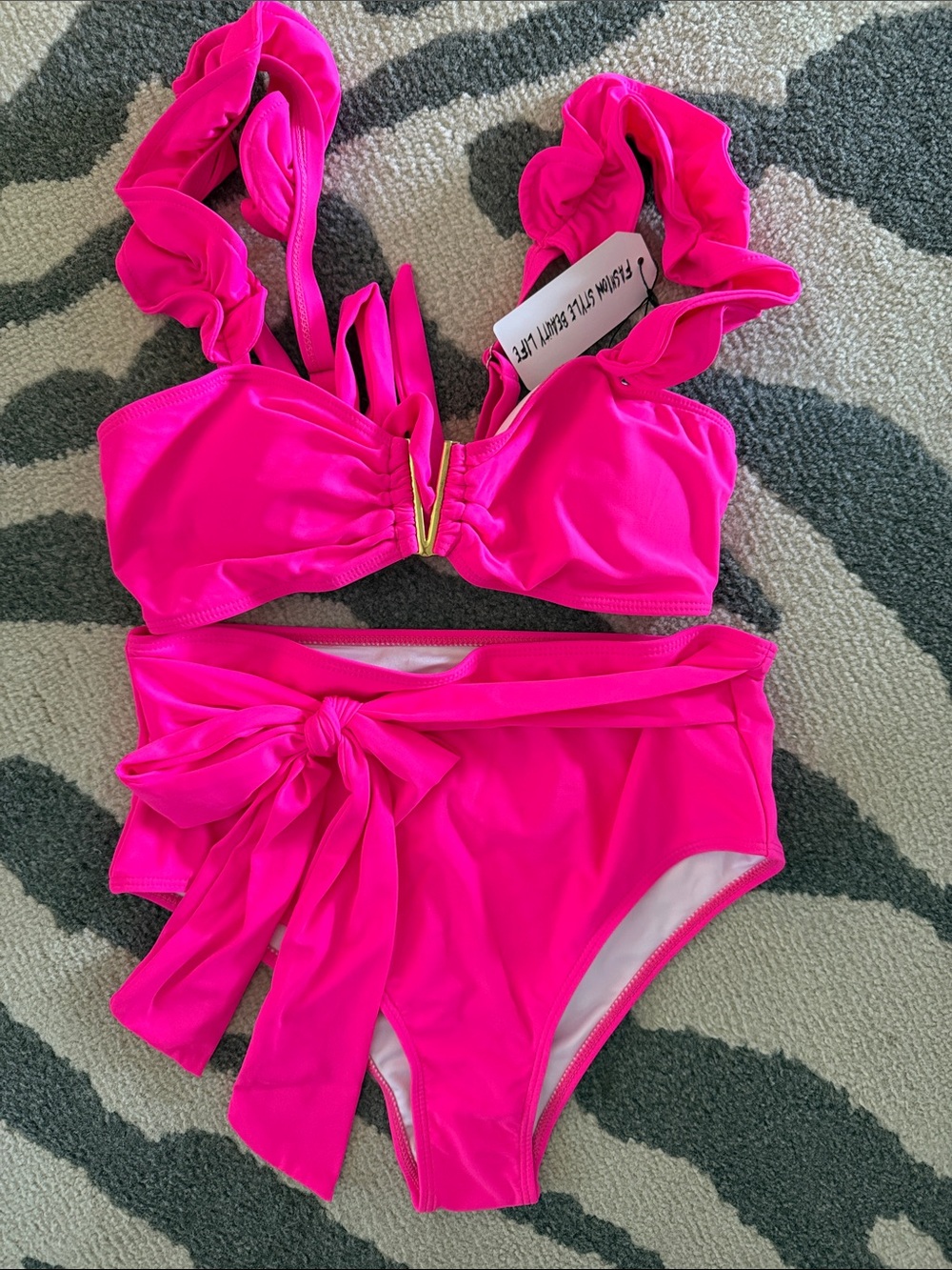 Ruffle Strap High-Waist Bikini Set in Bright Pink